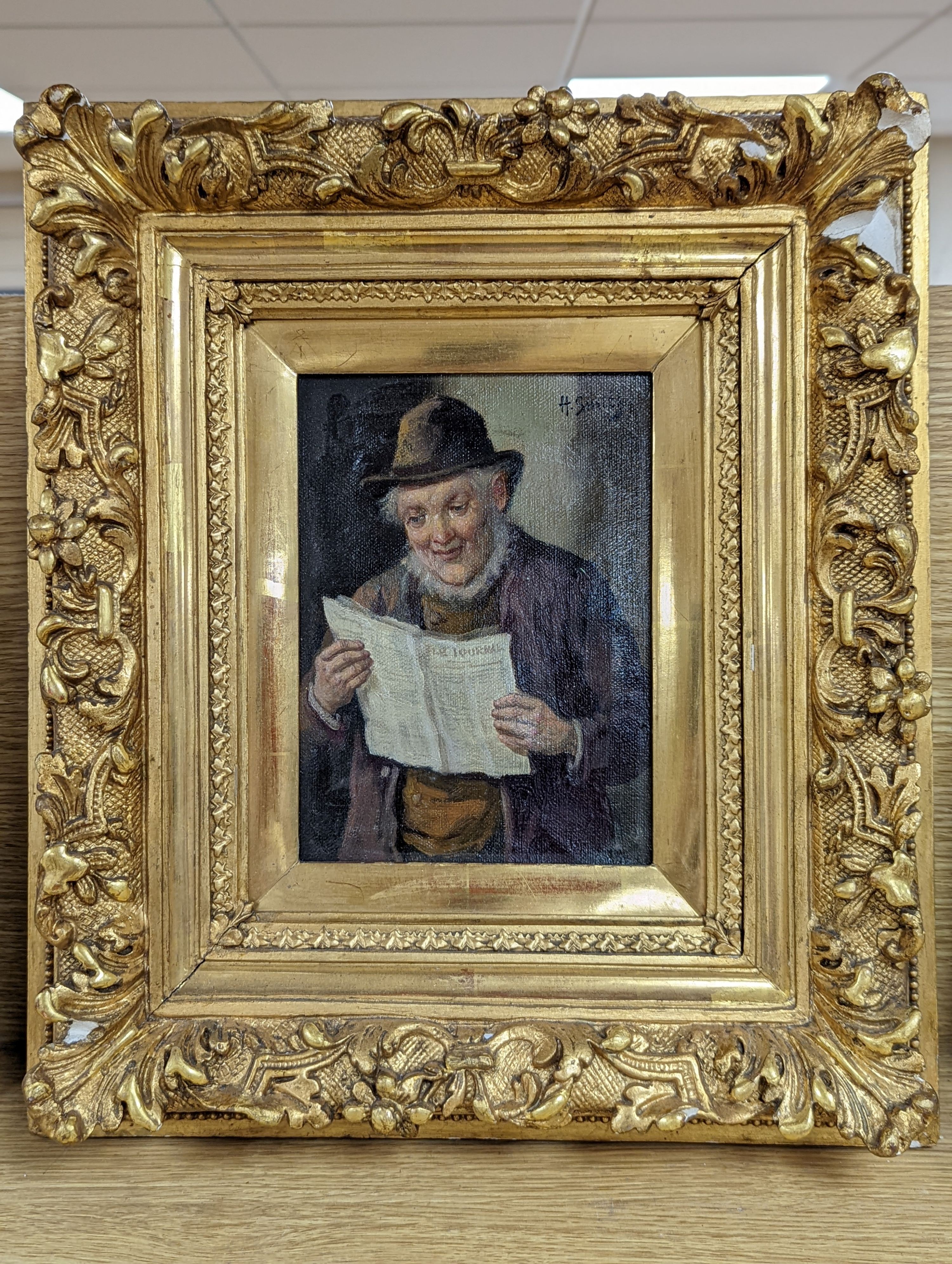 H. Smith, oil on canvas, Frenchman reading a newspaper, 20 x 14cm